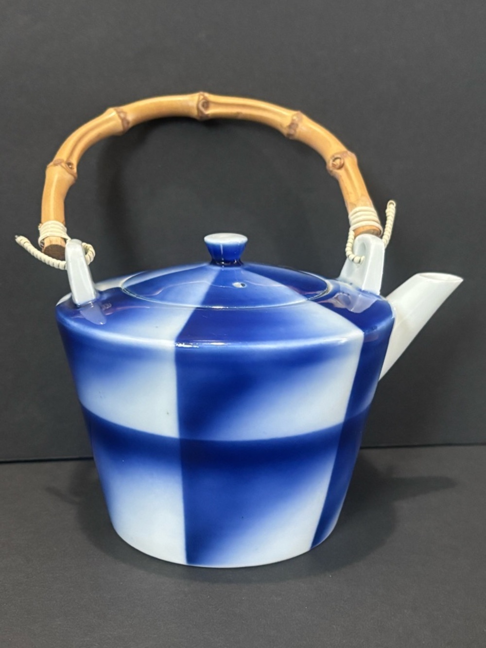Vintage Asian Blue and White Check Porcelain Teapot with Bamboo Handle